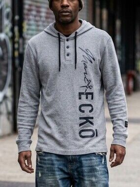 Marc Ecko Cut & Sew Charcoal Gray Hoodie Men's Small Henley Pullover Sweatshirt